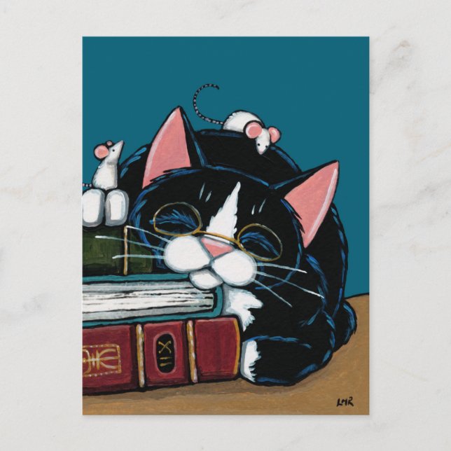 Tuxedo Cat & White Mice Bedtime Story Illustration Postcard (Front)
