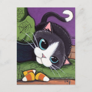 Tuxedo Cat Witches Hat & Candy Corn Halloween Postcard