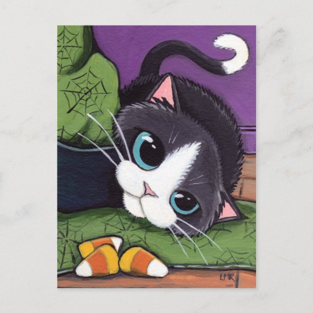 Tuxedo Cat Witches Hat & Candy Corn Halloween Postcard (Front)