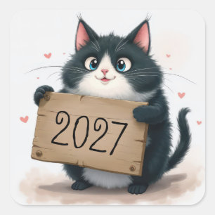 Tuxedo Cat with 2027 New Year Sign Square Sticker
