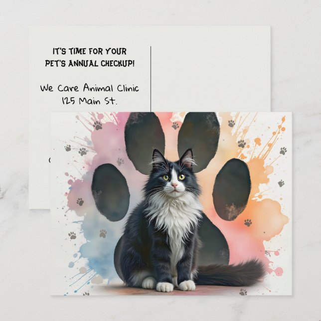 Tuxedo Cat with a Paw Print Background Postcard (Front/Back)