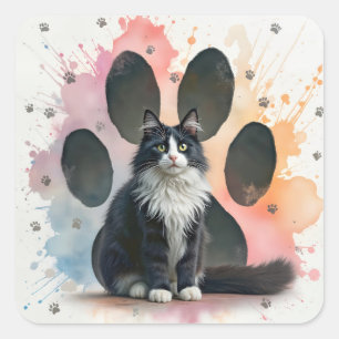 Tuxedo Cat with a Paw Print Background Square Sticker