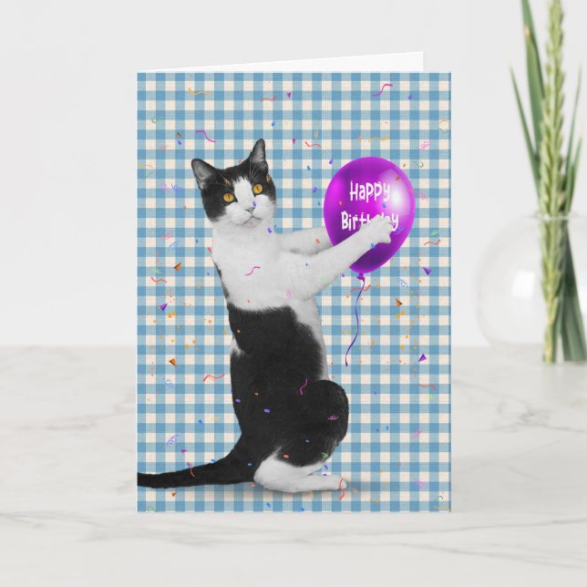 Tuxedo Cat with Birthday Balloon Card (Front)