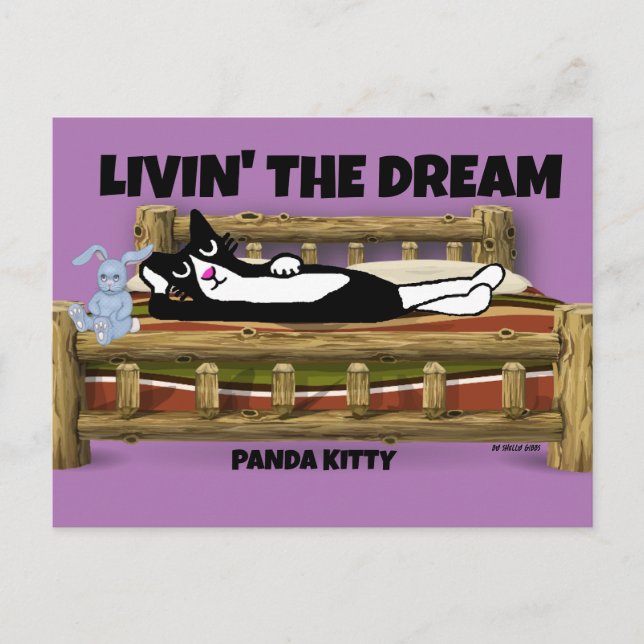TUXEDO CAT WITH BUNNY IN BED, PANDA KITTY ART  POSTCARD (Front)
