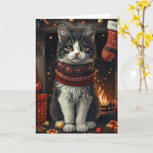 Tuxedo Cat With Christmas Gifts Fireplace Card (Yellow Flower)