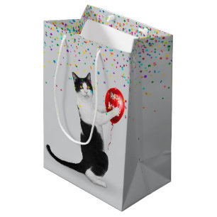Tuxedo Cat With Confetti and Birthday Balloon Medium Gift Bag