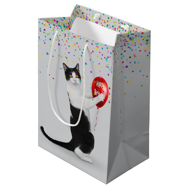 Tuxedo Cat With Confetti and Birthday Balloon Medium Gift Bag (Front Angled)