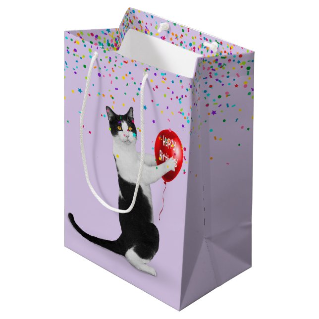 Tuxedo Cat With Confetti and Birthday Balloon Medium Gift Bag (Front Angled)