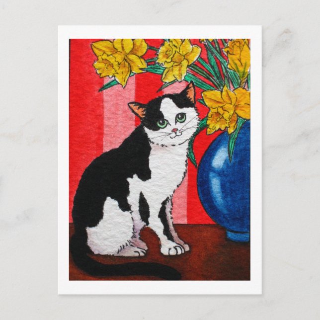 Tuxedo cat with daffodils in a blue vase postcard (Front)