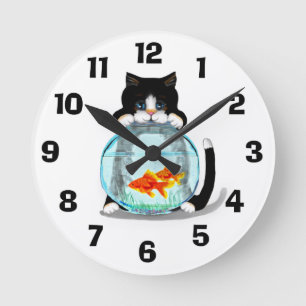 Tuxedo Cat with Fish Clock