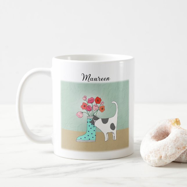 Tuxedo cat with Flowers Cute Cat Lover Custom name Coffee Mug (With Donut)