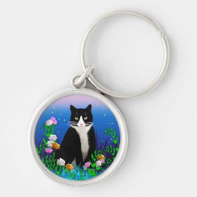 Tuxedo Cat with Flowers Keychain (Front)