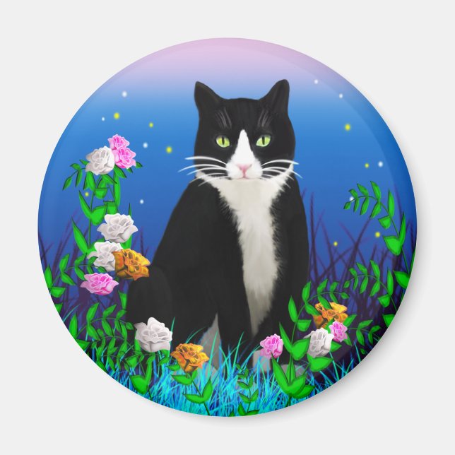 Tuxedo Cat with Flowers Magnet (Front)