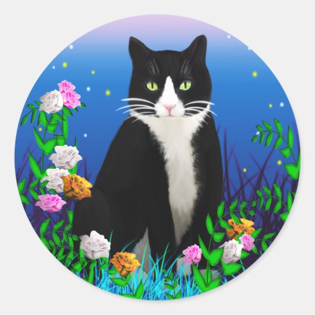 Tuxedo Cat with Flowers Stickers (Front)