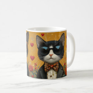 Tuxedo Cat with Heart Roses Valentine's Day Coffee Mug