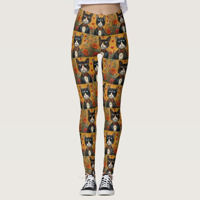 Tuxedo Cat with Heart Roses Valentine's Day Leggings (Front)