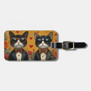 Tuxedo Cat with Heart Roses Valentine's Day Luggage Tag