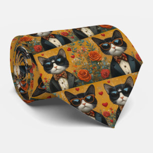 Tuxedo Cat with Heart Roses Valentine's Day Tie