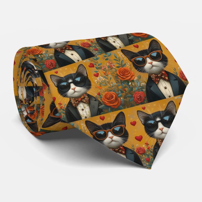 Tuxedo Cat with Heart Roses Valentine's Day Tie (Rolled)