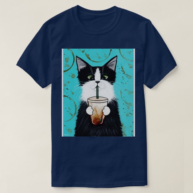 Tuxedo Cat with Iced Coffee 1 T-Shirt (Design Front)