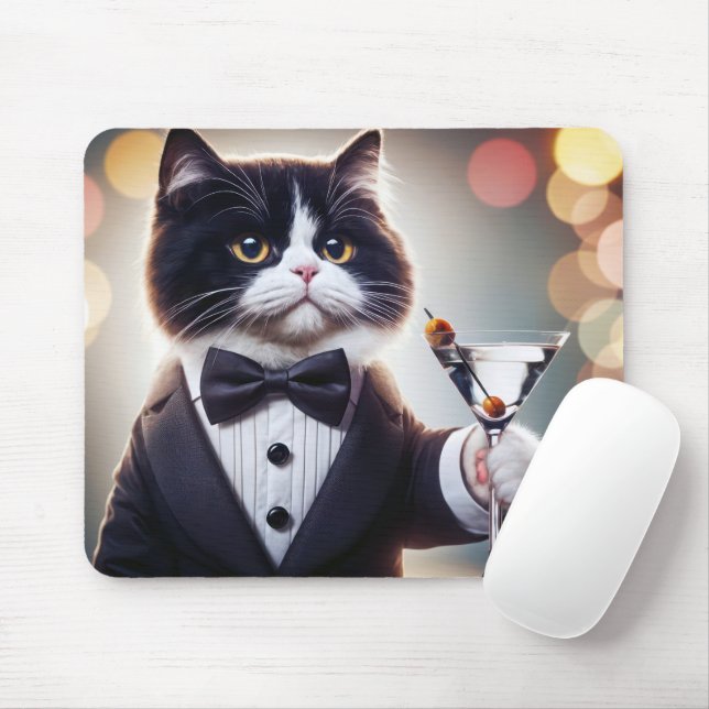 Tuxedo Cat With Martini Cocktail Mouse Pad (With Mouse)
