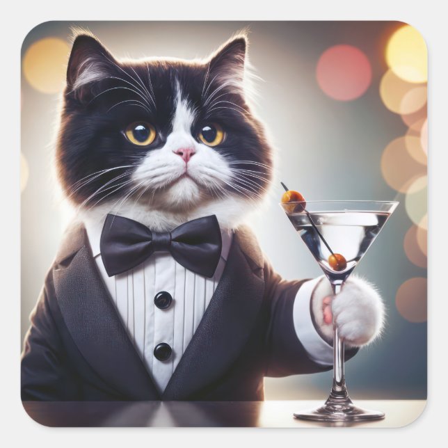 Tuxedo Cat With Martini Cocktail Square Sticker (Front)