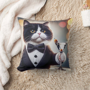 Tuxedo Cat With Martini Cocktail Throw Pillow