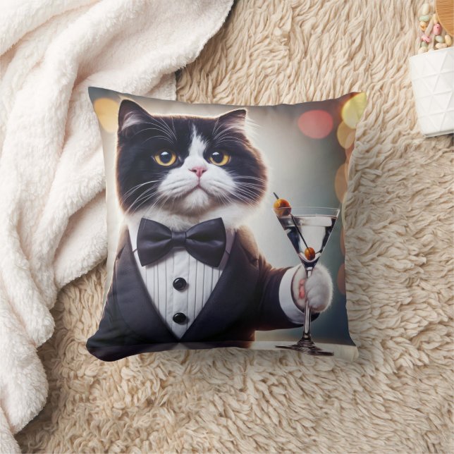 Tuxedo Cat With Martini Cocktail Throw Pillow (Blanket)