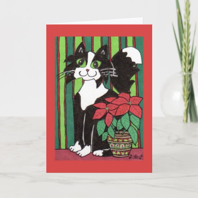 Tuxedo Cat with Poinsettia Holiday Card (Front)