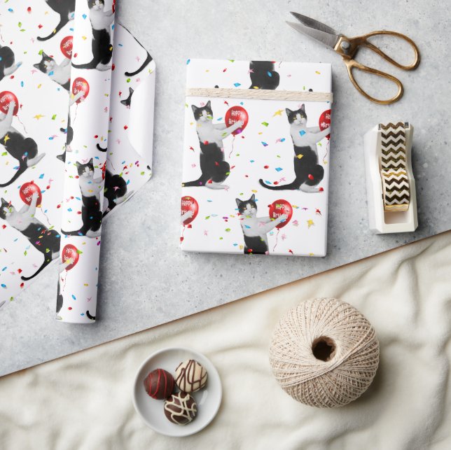 Tuxedo Cat With Red Birthday Balloon Wrapping Paper (Crafts)