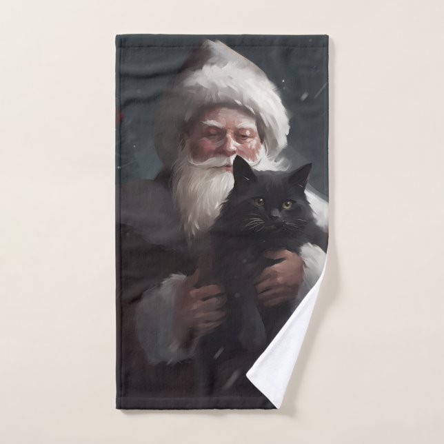 Tuxedo Cat With Santa Claus Festive Christmas Bath Towel Set (Hand Towel)