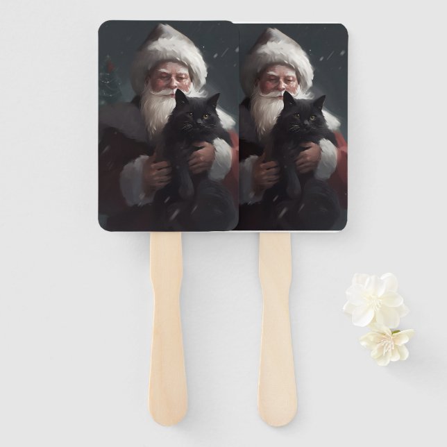 Tuxedo Cat With Santa Claus Festive Christmas Hand Fan (Front and Back)