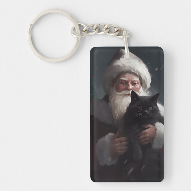 Tuxedo Cat With Santa Claus Festive Christmas Keychain (Front)