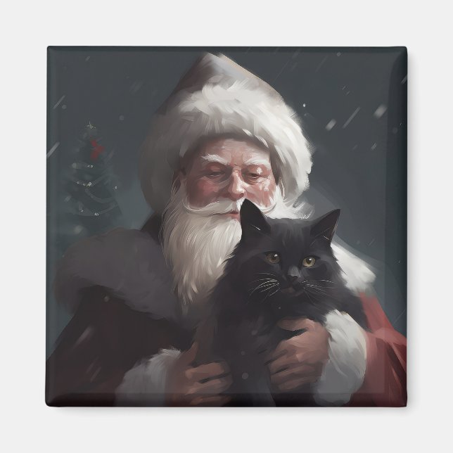 Tuxedo Cat With Santa Claus Festive Christmas Magnet (Front)