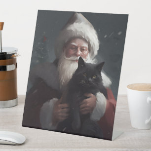 Tuxedo Cat With Santa Claus Festive Christmas Pedestal Sign