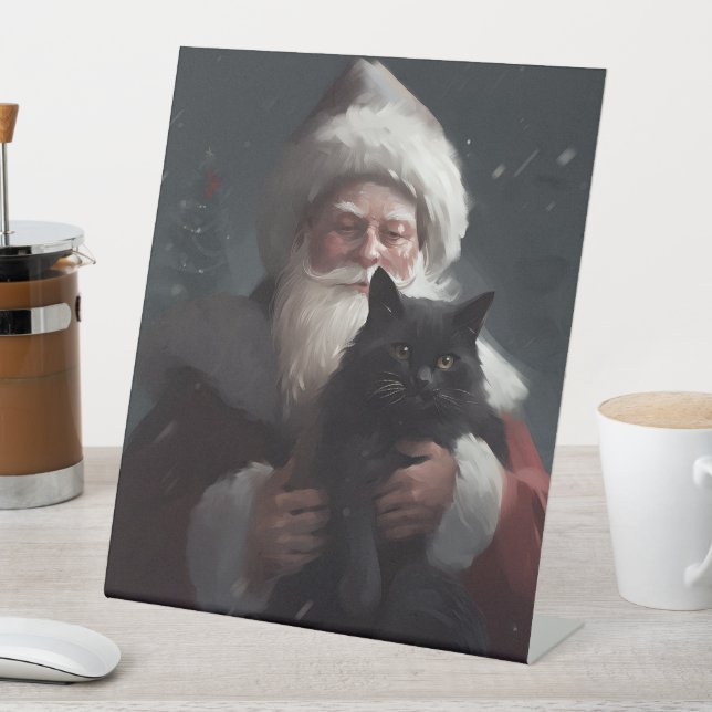 Tuxedo Cat With Santa Claus Festive Christmas Pedestal Sign (In SItu)