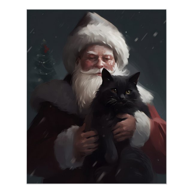 Tuxedo Cat With Santa Claus Festive Christmas Poster (Front)