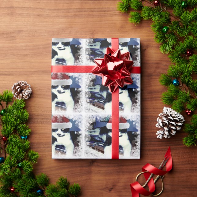 Tuxedo Cat with Santa Hat Glossy Wrapping Paper (Holiday Gift)