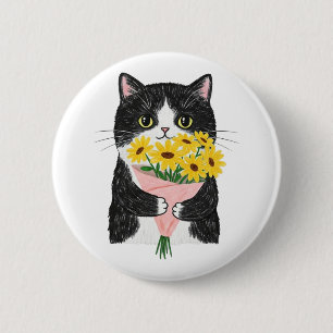 Tuxedo Cat with Sunflowers Bouquet 2 Inch Round Button