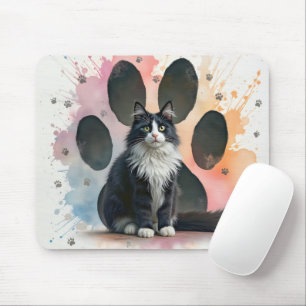 Tuxedo Cat With Watercolor Paw Print Design Mouse Pad