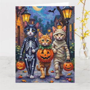 Tuxedo Cats Trick-or-Treating in Halloween Costume Card