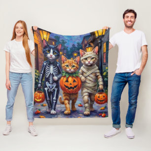 Tuxedo Cats Trick-or-Treating in Halloween Costume Fleece Blanket