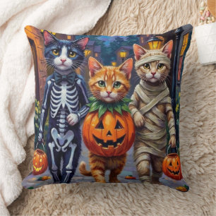 Tuxedo Cats Trick-or-Treating in Halloween Costume Throw Pillow