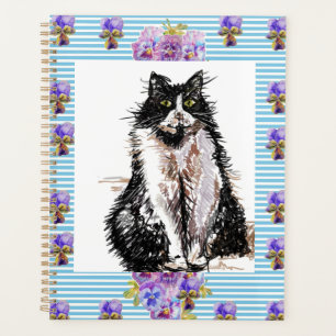 Tuxedo Chat Chats Noir et Blanc Filles Floral Bleu