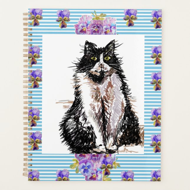 Tuxedo Chat Chats Noir et Blanc Filles Floral Bleu (Devant)