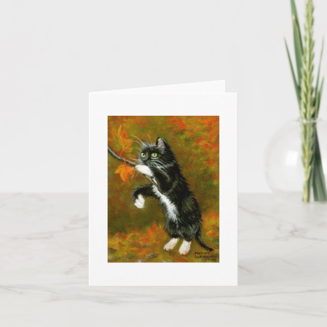 Tuxedo Chat Jouer avec une carte de note Feuille (Devant)