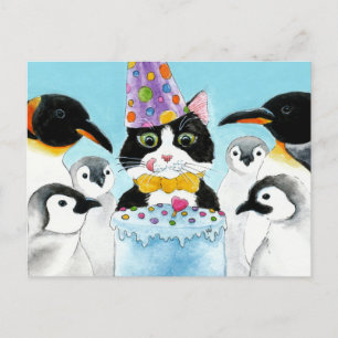 Tuxedo chat pingouins gâteau d'anniversaire carte 