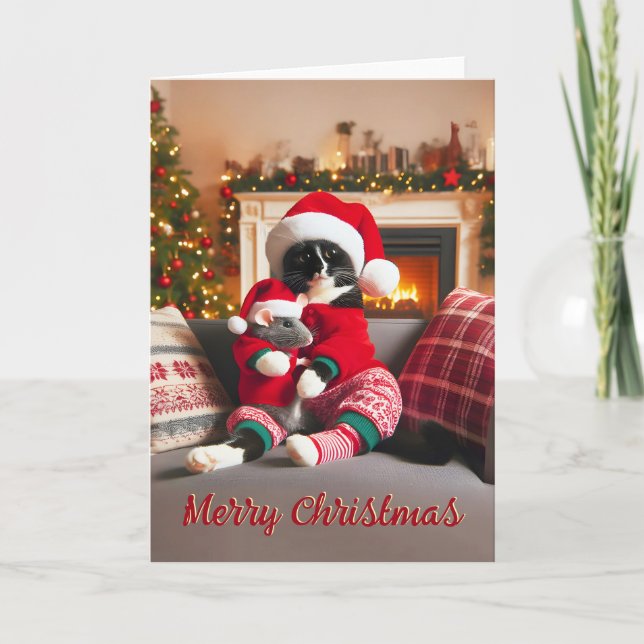 Tuxedo Chat tenant une carte de Noël (Devant)
