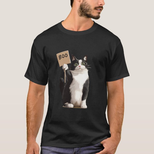 Tuxedo Chat Tshirt Halloween Costume Holding Boo S (Devant)