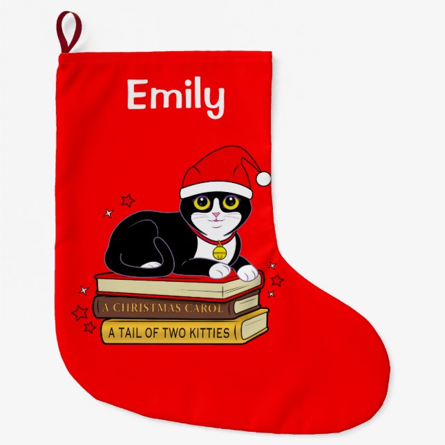 Tuxedo Christmas Cat Bell Books Name Customizable Large Christmas Stocking (Front)